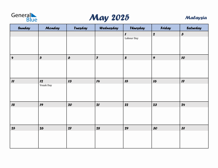 May 2025 Calendar with Holidays in Malaysia