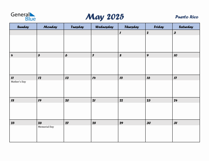 May 2025 Calendar with Holidays in Puerto Rico