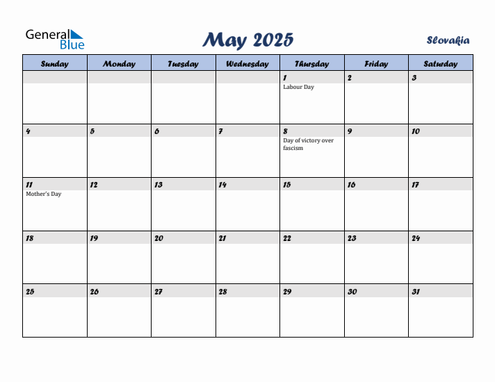 May 2025 Calendar with Holidays in Slovakia