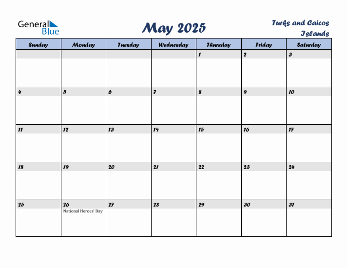 May 2025 Calendar with Holidays in Turks and Caicos Islands
