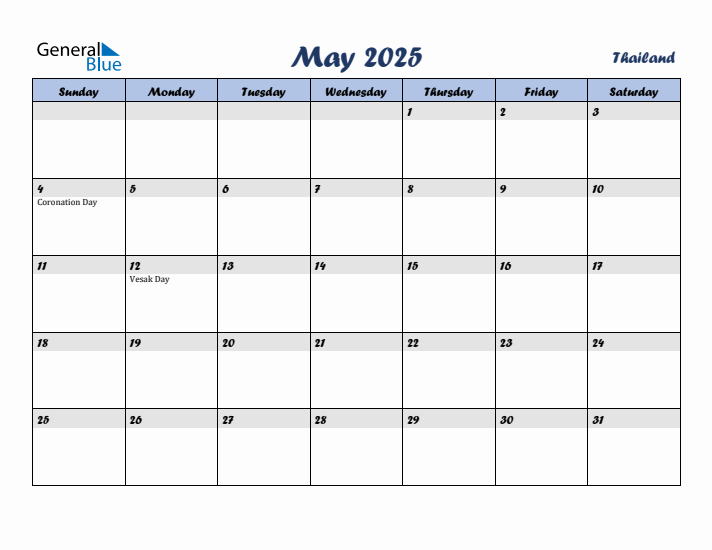 May 2025 Calendar with Holidays in Thailand