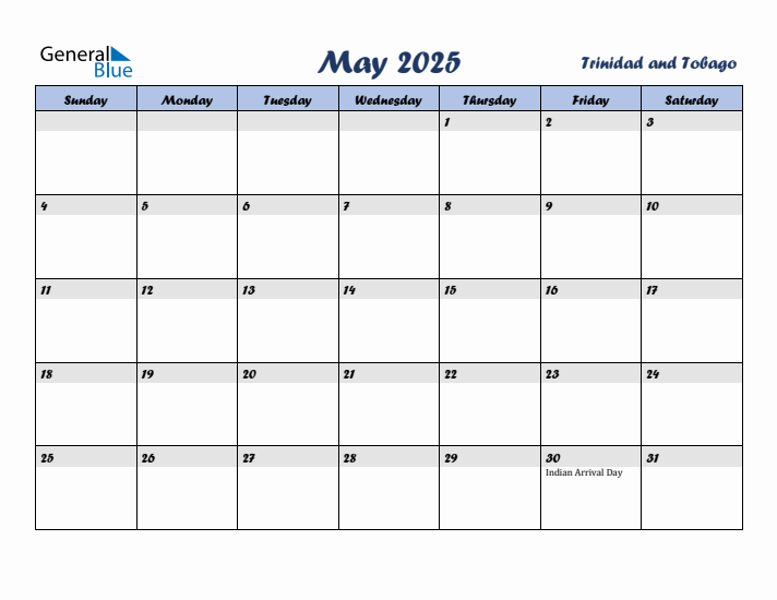 May 2025 Calendar with Holidays in Trinidad and Tobago