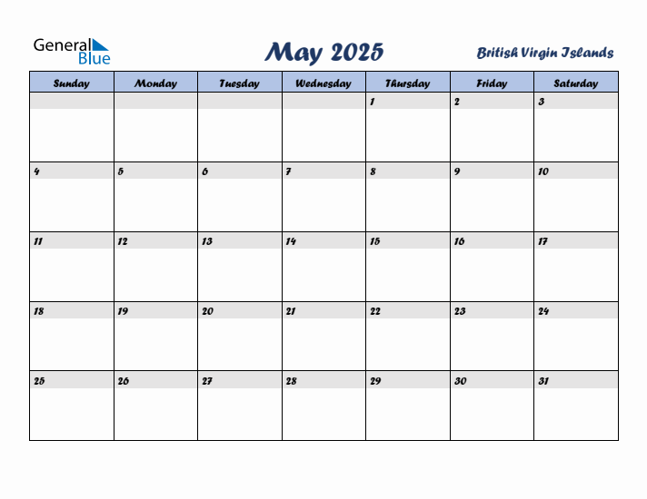 May 2025 Calendar with Holidays in British Virgin Islands