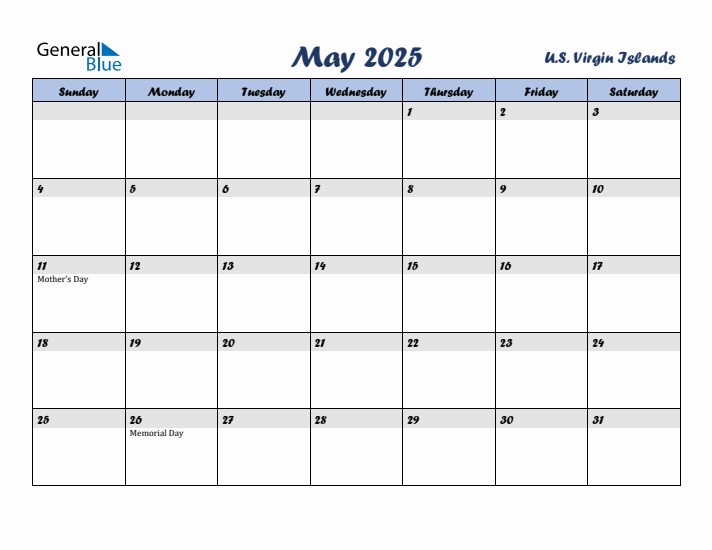 May 2025 Calendar with Holidays in U.S. Virgin Islands