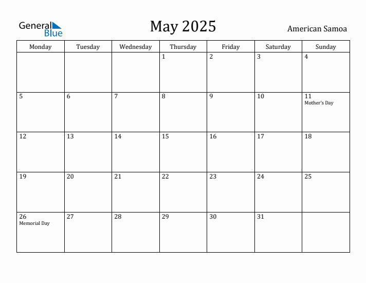 May 2025 Calendar American Samoa