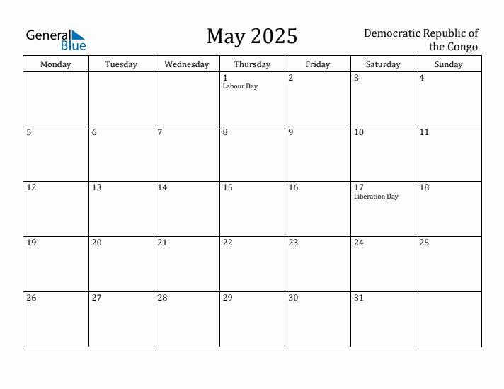May 2025 Calendar Democratic Republic of the Congo