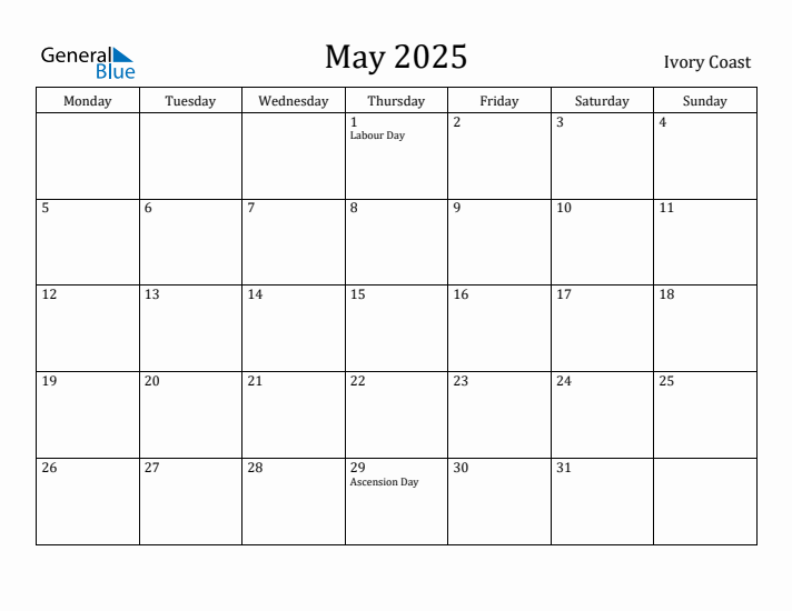 May 2025 Calendar Ivory Coast