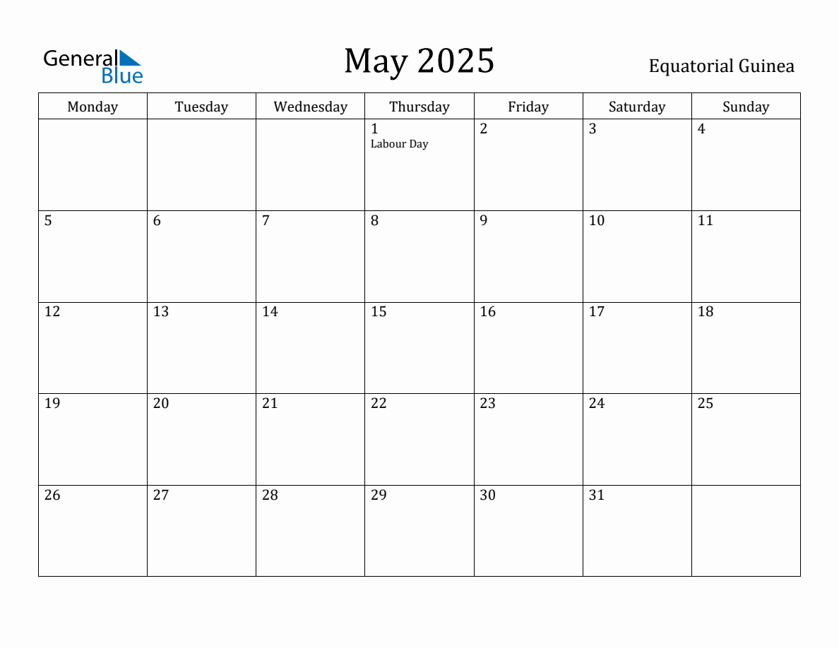 May 2025 - Equatorial Guinea Monthly Calendar with Holidays