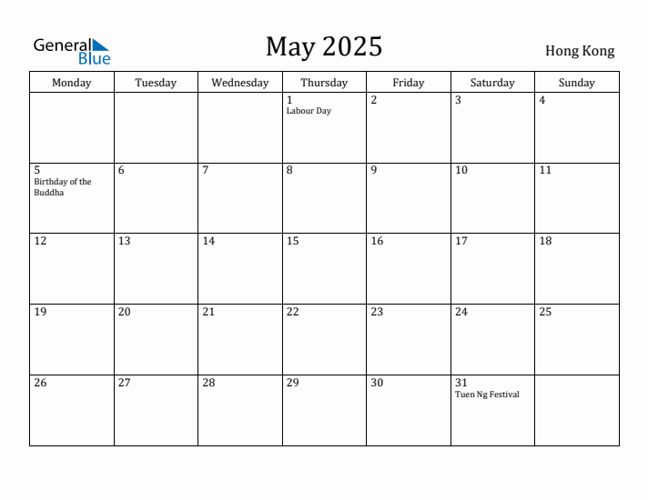 May 2025 Calendar Hong Kong