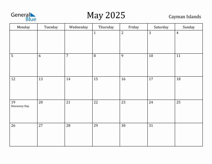 May 2025 Calendar Cayman Islands