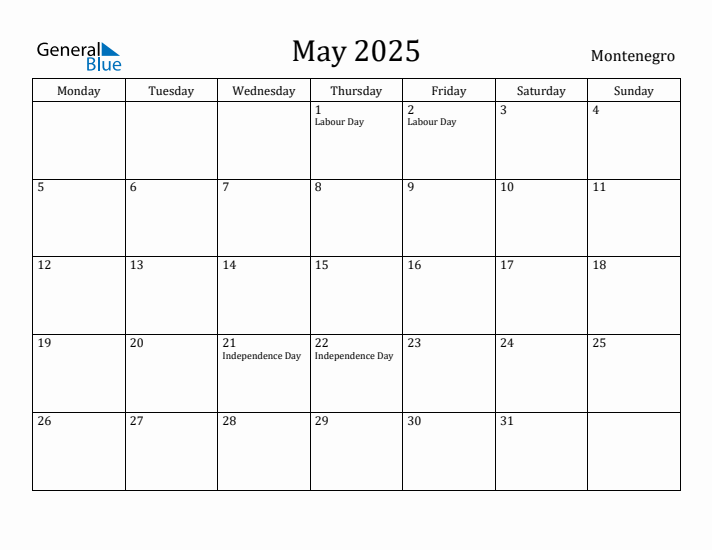 May 2025 Calendar Montenegro