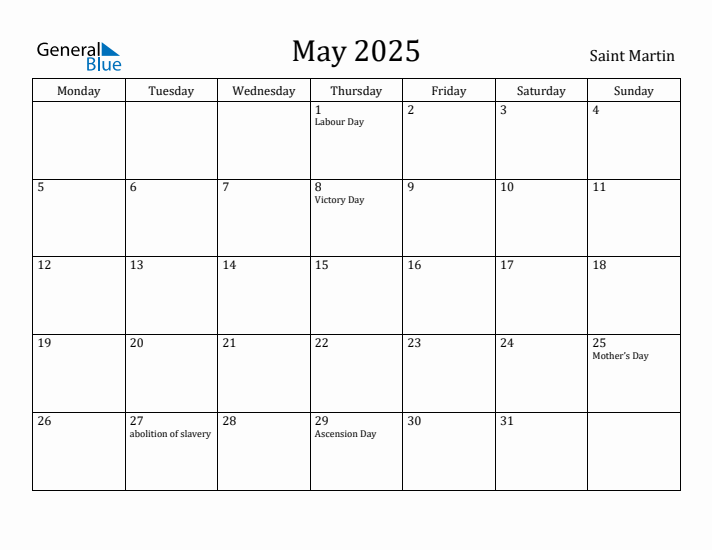 May 2025 Calendar Saint Martin