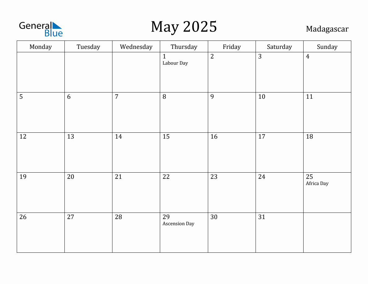 May 2025 - Madagascar Monthly Calendar with Holidays
