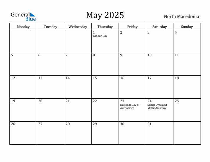 May 2025 Calendar North Macedonia