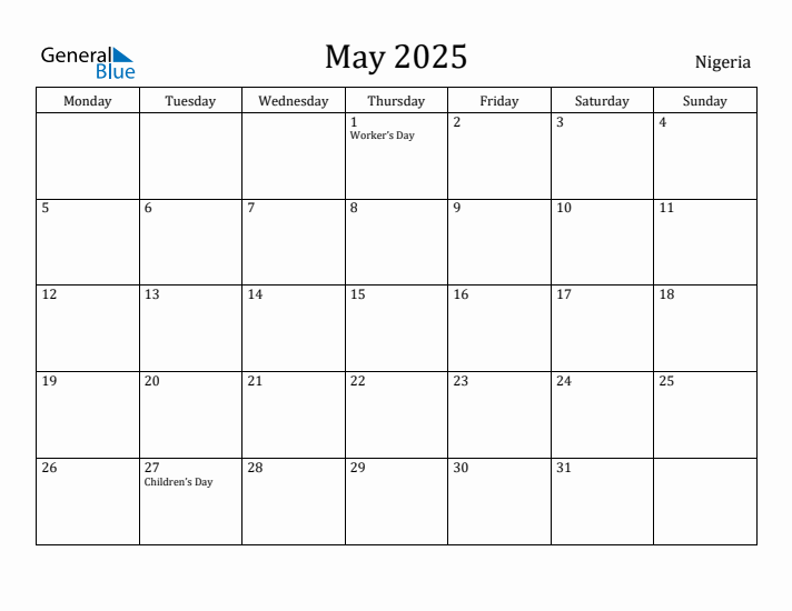 May 2025 Calendar Nigeria