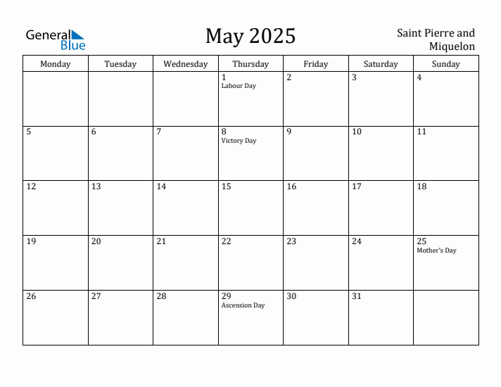 May 2025 Calendar Saint Pierre and Miquelon