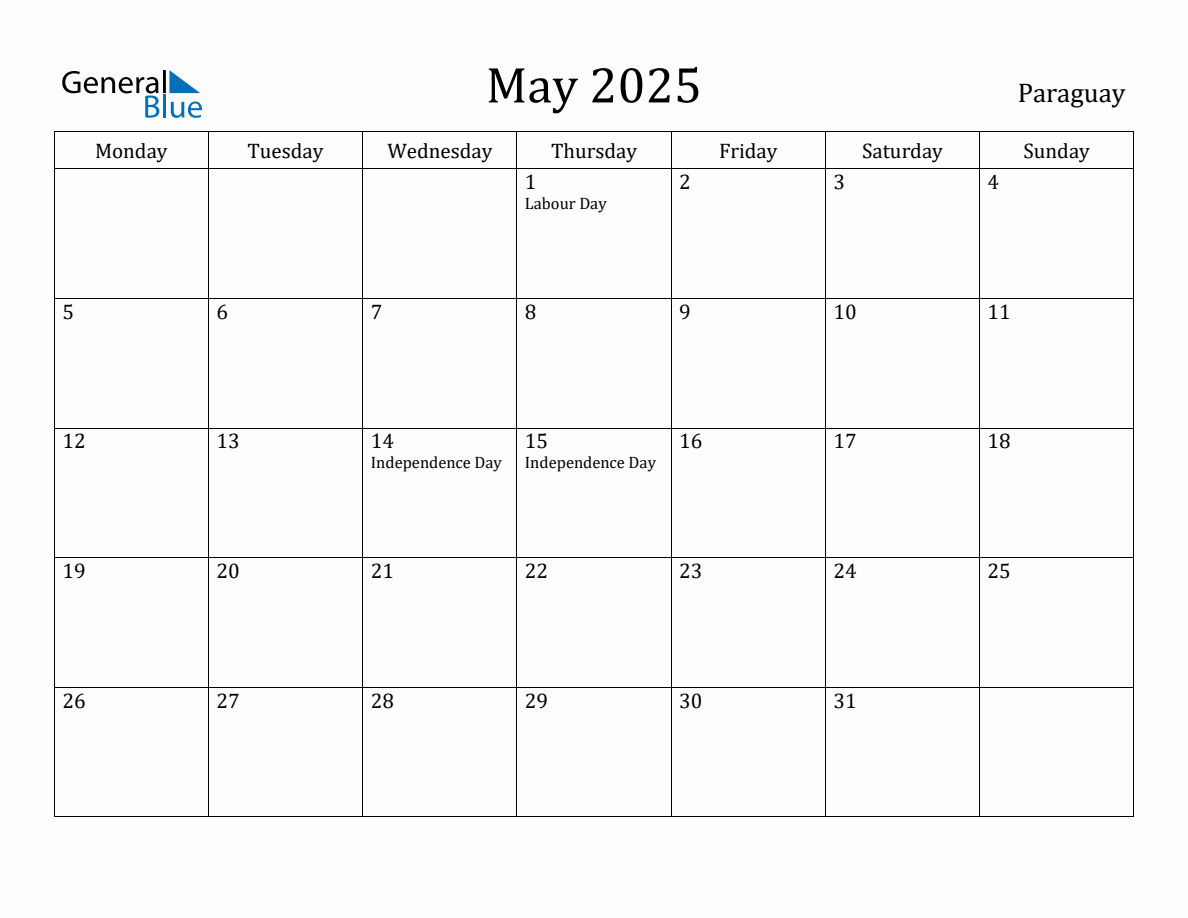 May 2025 - Paraguay Monthly Calendar with Holidays