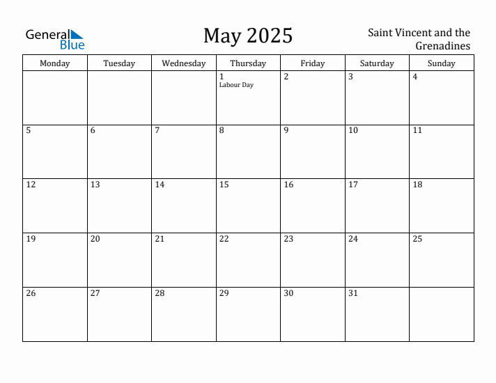 May 2025 Calendar Saint Vincent and the Grenadines