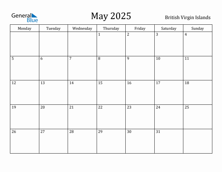 May 2025 Calendar British Virgin Islands