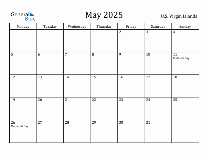 May 2025 Calendar U.S. Virgin Islands