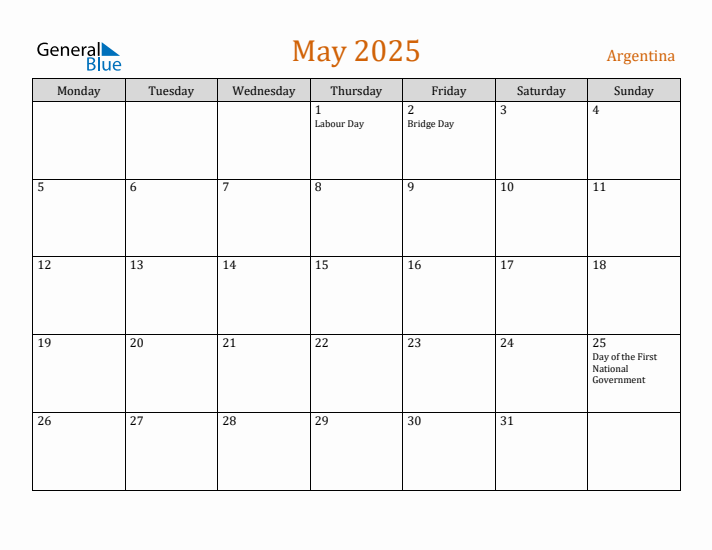 May 2025 Holiday Calendar with Monday Start