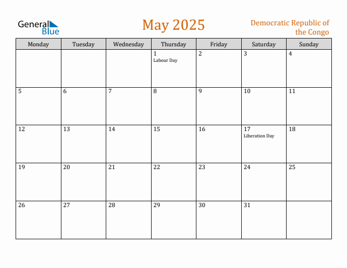 May 2025 Holiday Calendar with Monday Start