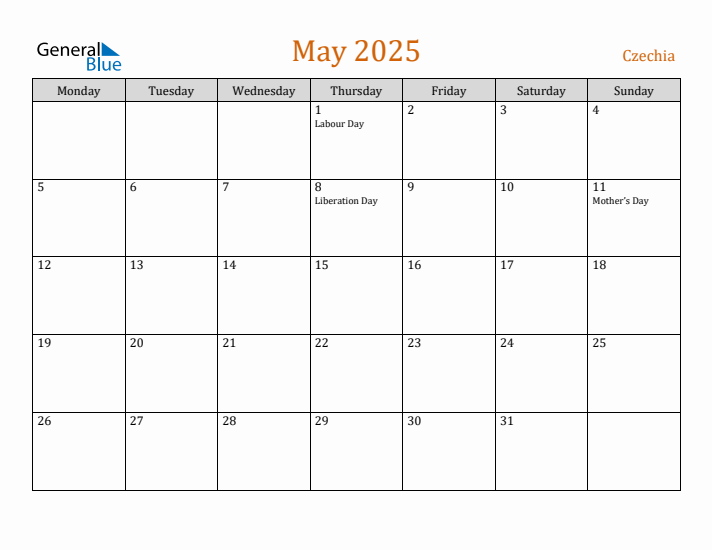 May 2025 Holiday Calendar with Monday Start