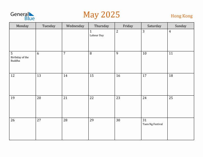 May 2025 Holiday Calendar with Monday Start