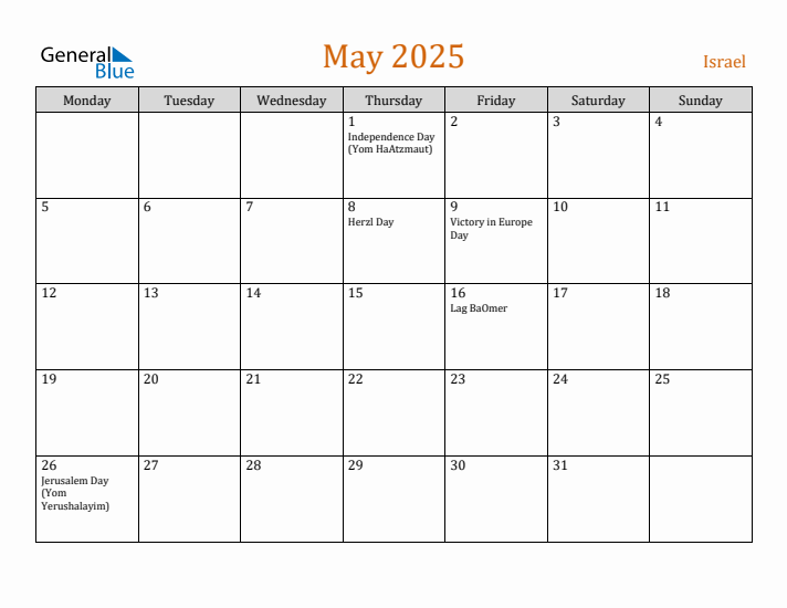 May 2025 Holiday Calendar with Monday Start