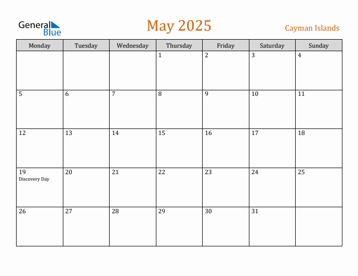 May 2025 Holiday Calendar with Monday Start