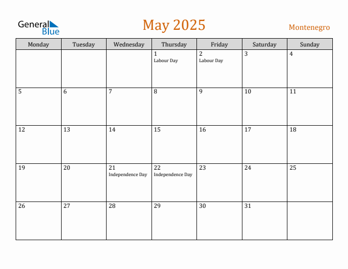 May 2025 Holiday Calendar with Monday Start