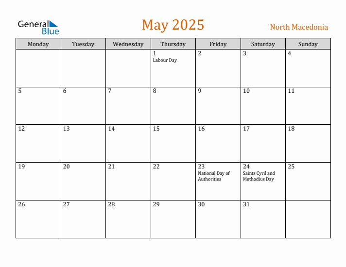 May 2025 Holiday Calendar with Monday Start