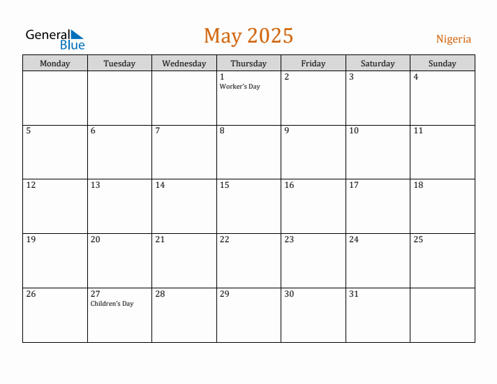May 2025 Holiday Calendar with Monday Start