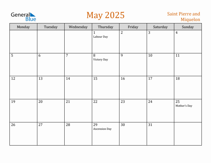 May 2025 Holiday Calendar with Monday Start