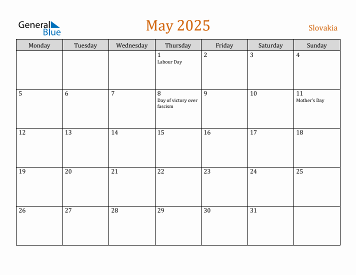 May 2025 Holiday Calendar with Monday Start