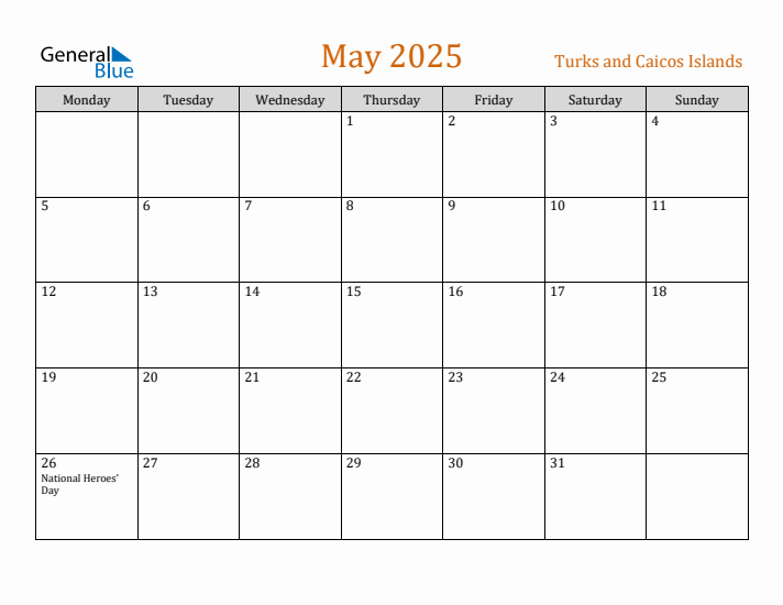 May 2025 Holiday Calendar with Monday Start