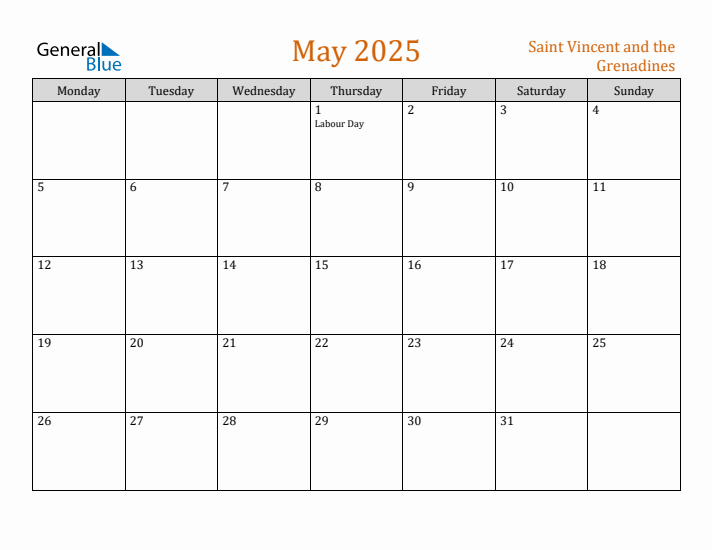 May 2025 Holiday Calendar with Monday Start