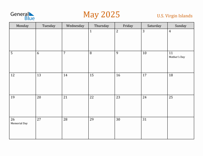 May 2025 Holiday Calendar with Monday Start