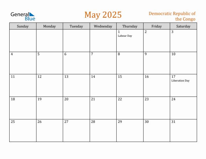 May 2025 Holiday Calendar with Sunday Start