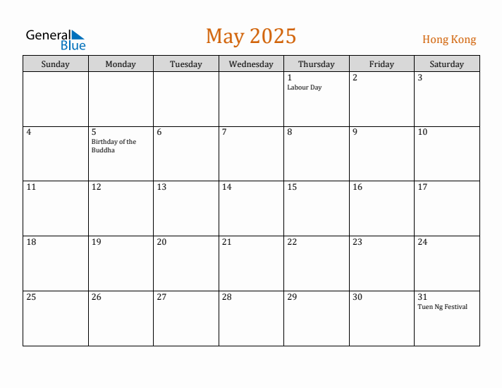 May 2025 Holiday Calendar with Sunday Start