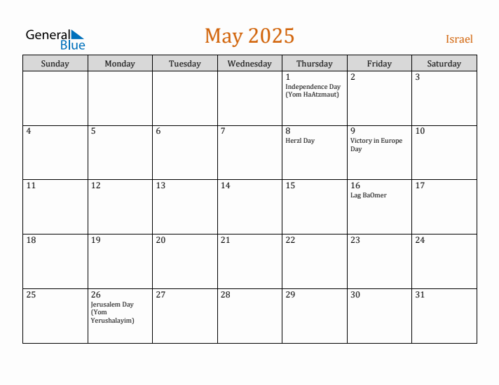 May 2025 Holiday Calendar with Sunday Start