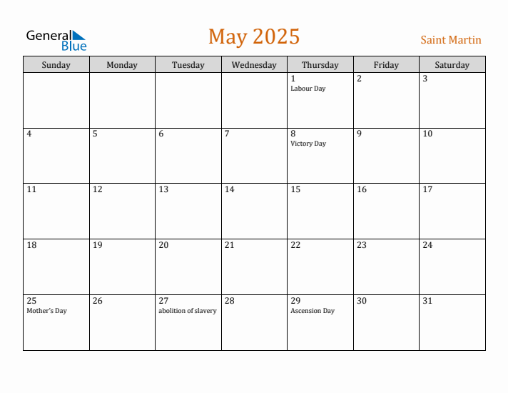 May 2025 Holiday Calendar with Sunday Start