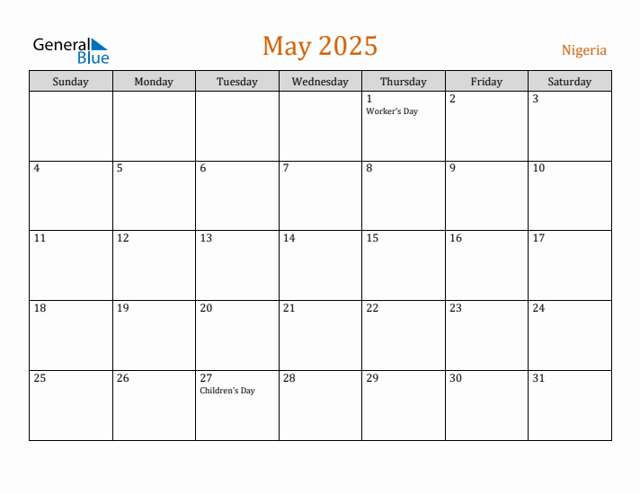 May 2025 Holiday Calendar with Sunday Start
