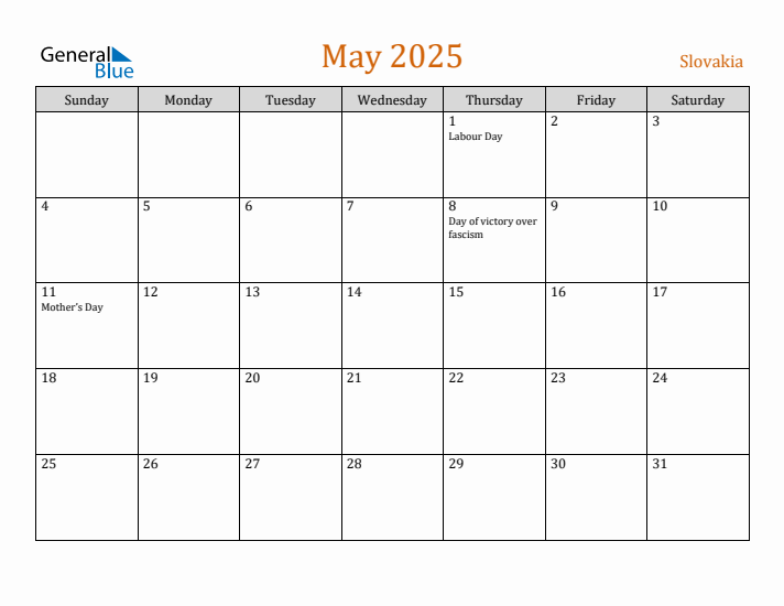 May 2025 Holiday Calendar with Sunday Start