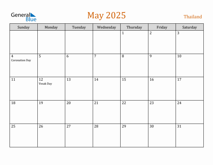 May 2025 Holiday Calendar with Sunday Start