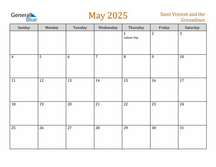 May 2025 Holiday Calendar with Sunday Start