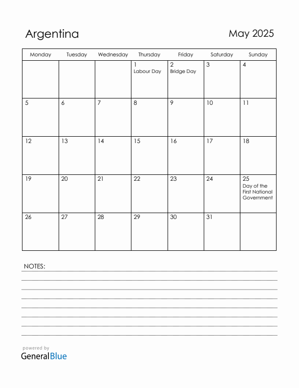 May 2025 Argentina Calendar with Holidays (Monday Start)