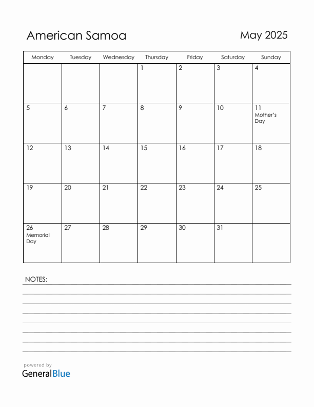 May 2025 American Samoa Calendar with Holidays (Monday Start)