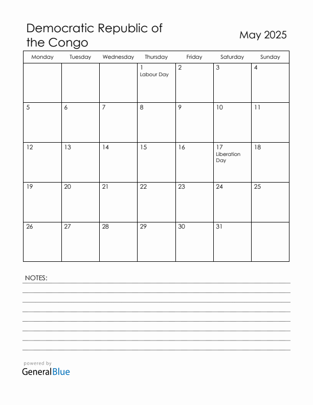 May 2025 Democratic Republic of the Congo Calendar with Holidays (Monday Start)
