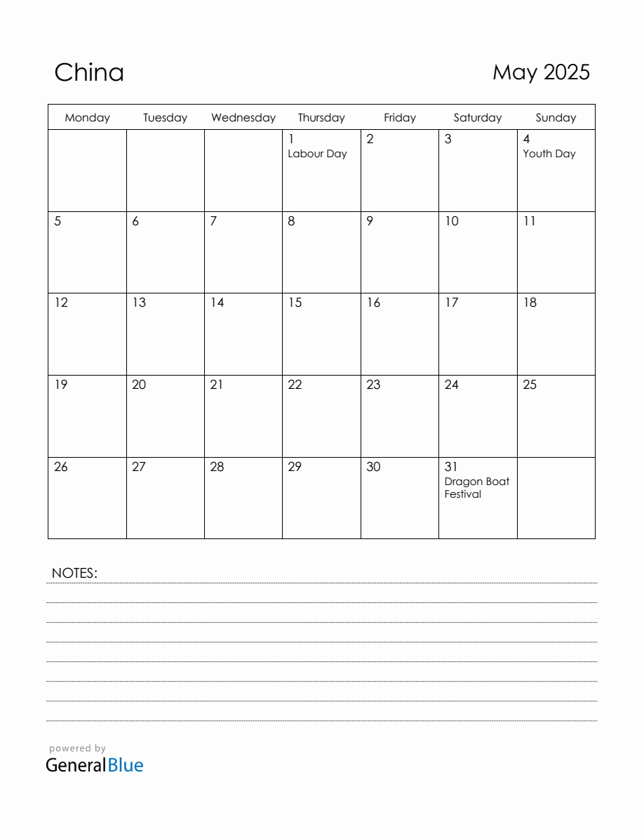 May 2025 China Calendar with Holidays (Monday Start)